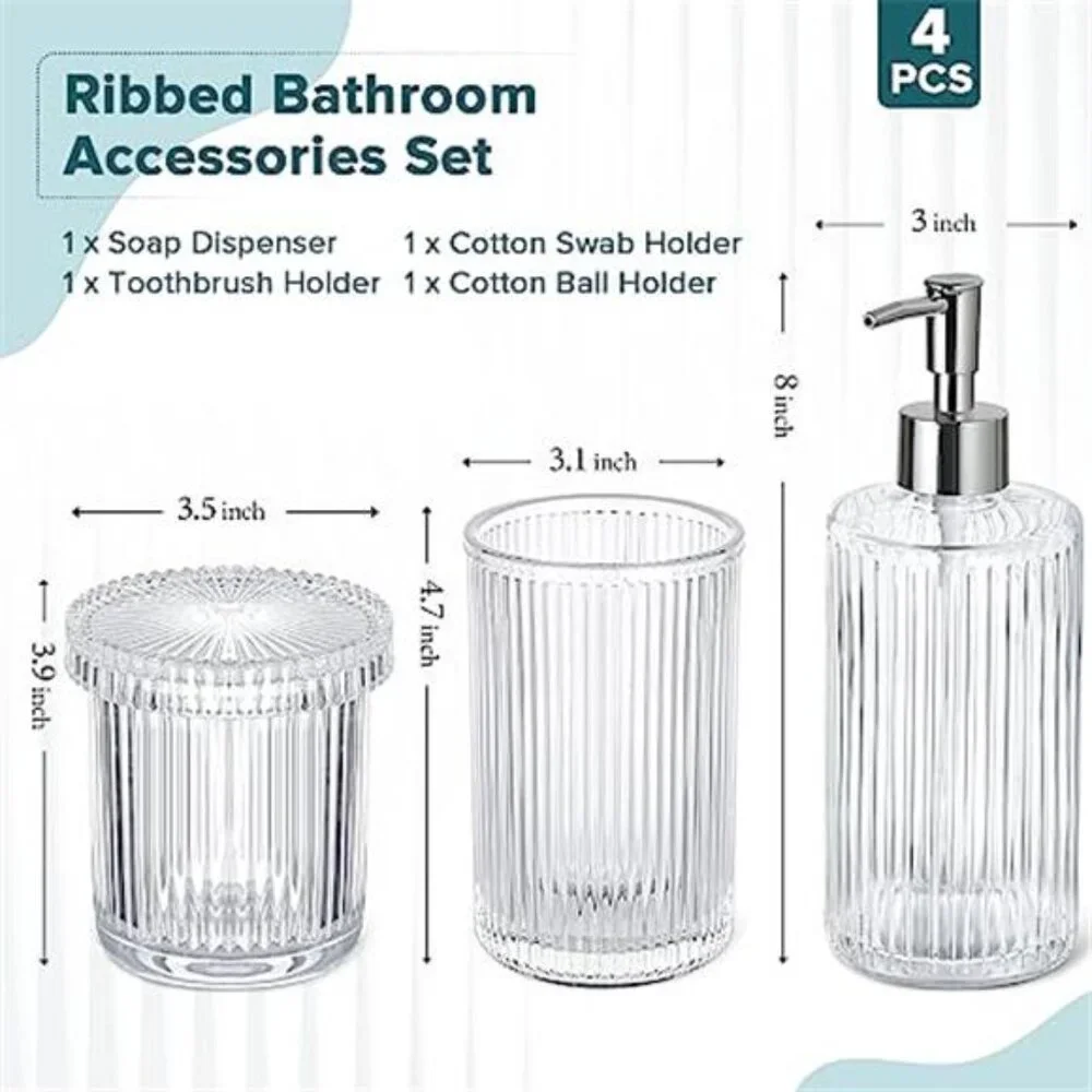 Clear Glass Bathroom Accessories Set Soap Dispenser Toothbrush Holder Qtip